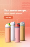 Promotional banner featuring four Owala water bottles in new summer colors—peach, white, pink, and mustard yellow—each with colorful lids. The background has a warm orange gradient with wave designs. Text reads: 'Your sweet escape. Four new shades fit for summer.' A red button below says 'Shop Now.'