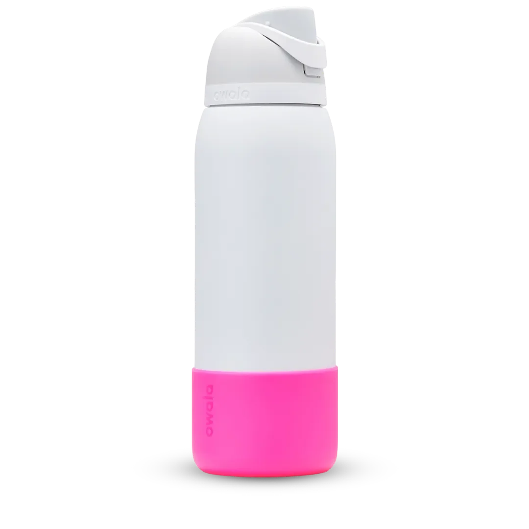 Bottle Boot in hot pink silicone, shown on a white FreeSip bottle as example