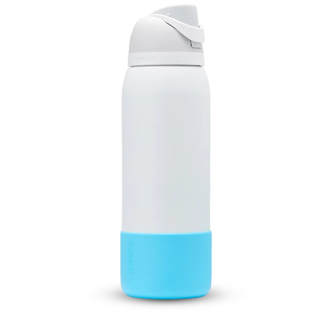 Bottle Boot in bright cyan blue silicone, shown on a white FreeSip bottle as example