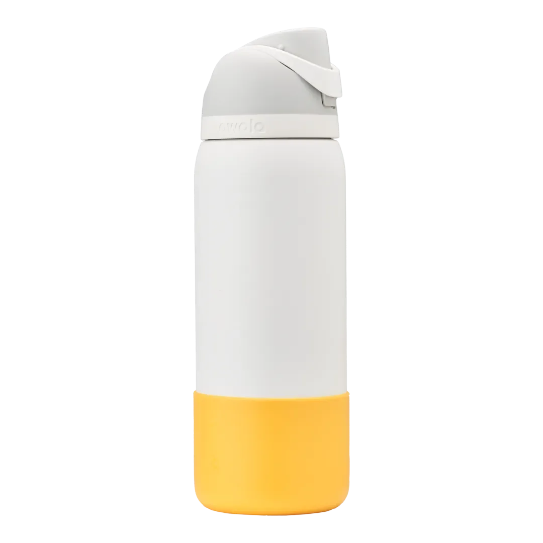 Bottle Boot in golden yellow silicone, shown on a white FreeSip bottle as example