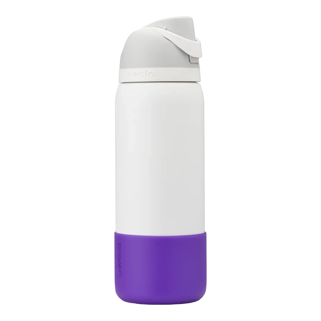 Bottle Boot in violet purple silicone, shown on a white FreeSip bottle as example