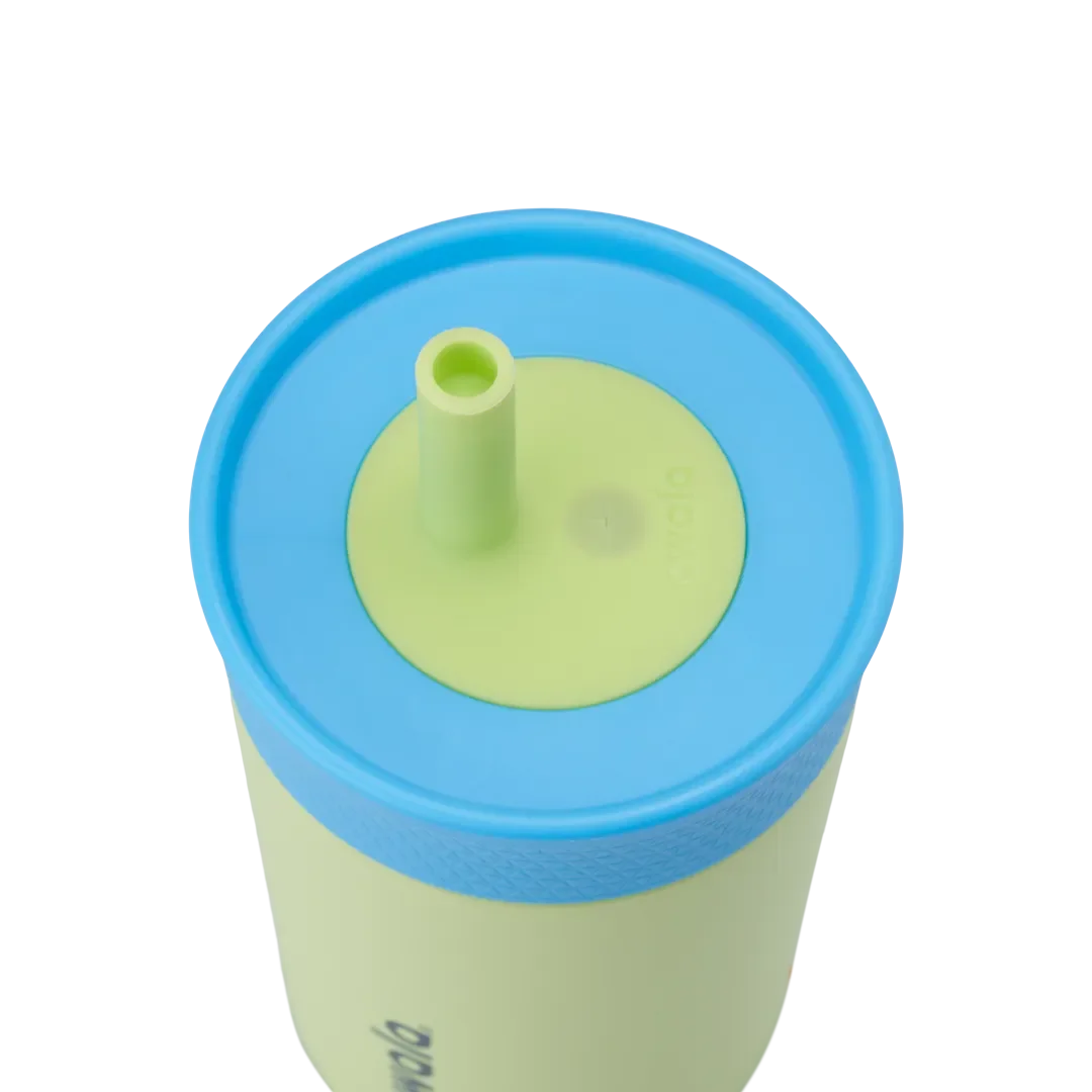 Owala Kids Tumbler 14oz in Turtley Awesome, blue lid with lime-green straw slider and lime-green straw, lid detail