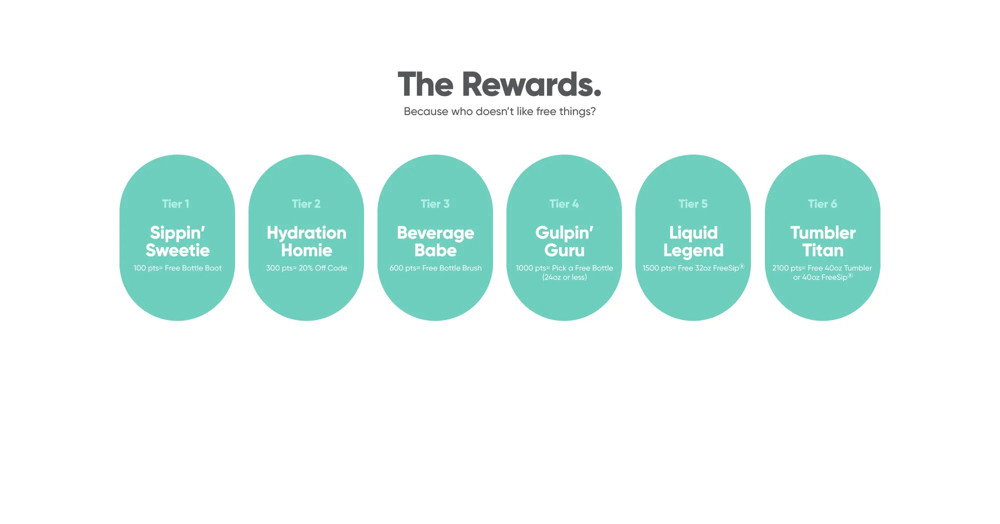 Six-tier ambassador program chart, showing levels and benefits for promoting Owala products and earning rewards.