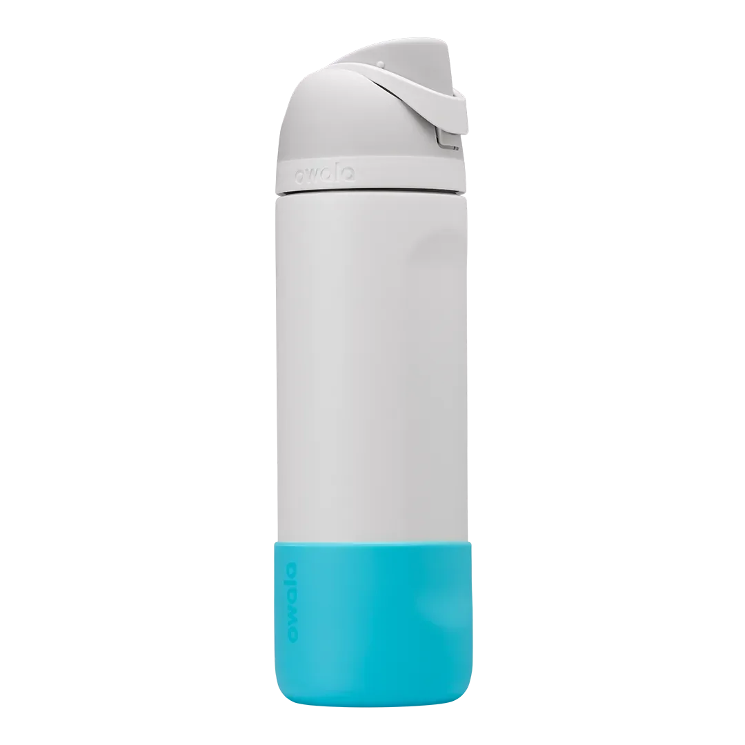 Bottle Boot in bright cyan blue silicone, shown on a white FreeSip bottle as example