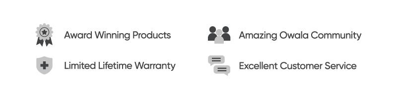 Owala trust and features banner: Award Winning Products, Limited Lifetime Warranty, Amazing Owala Community, and Excellent Customer Service icons with labels