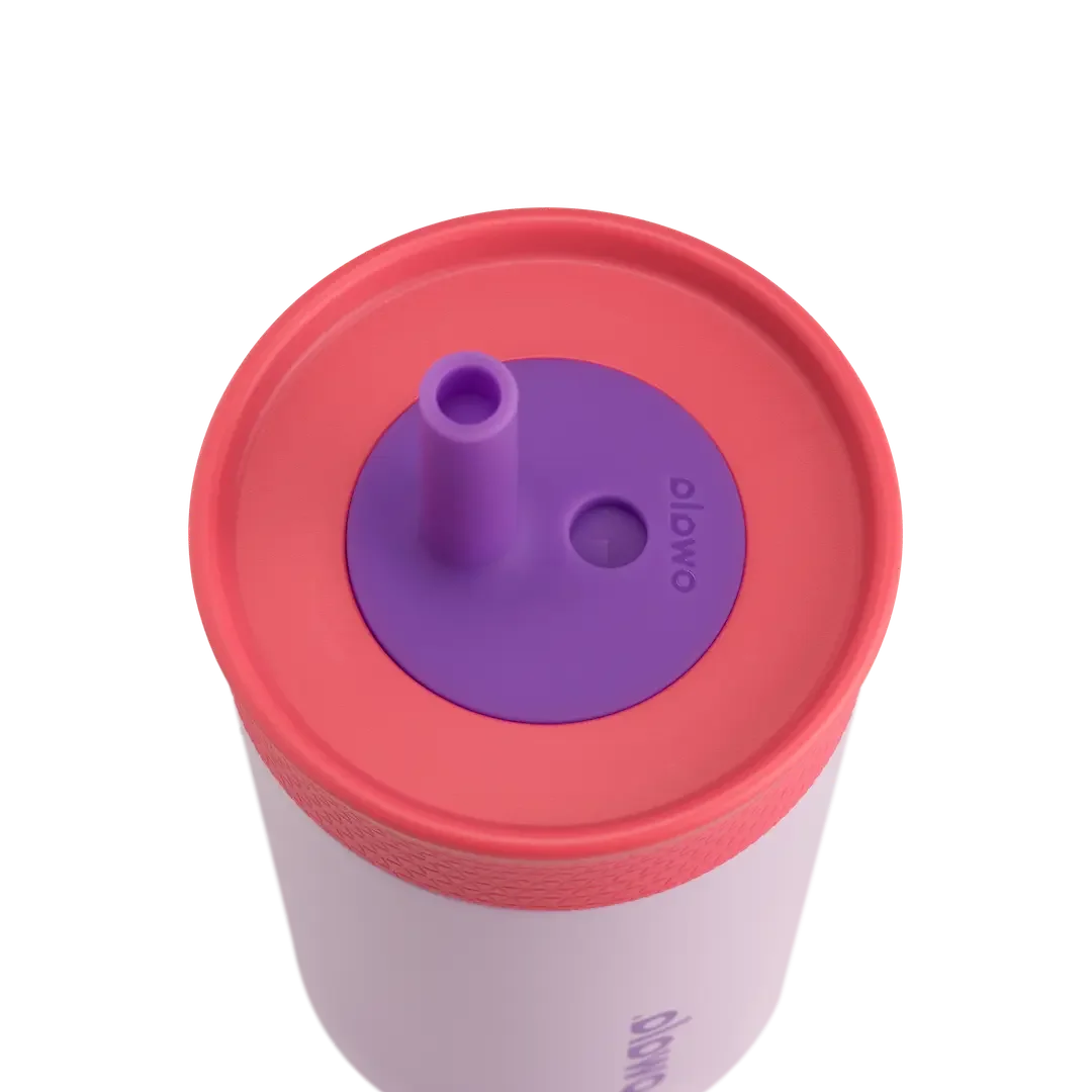 Owala Kids Tumbler in Lilac Rocket, lavender body with coral lid, purple straw slider, and purple straw, lid detail