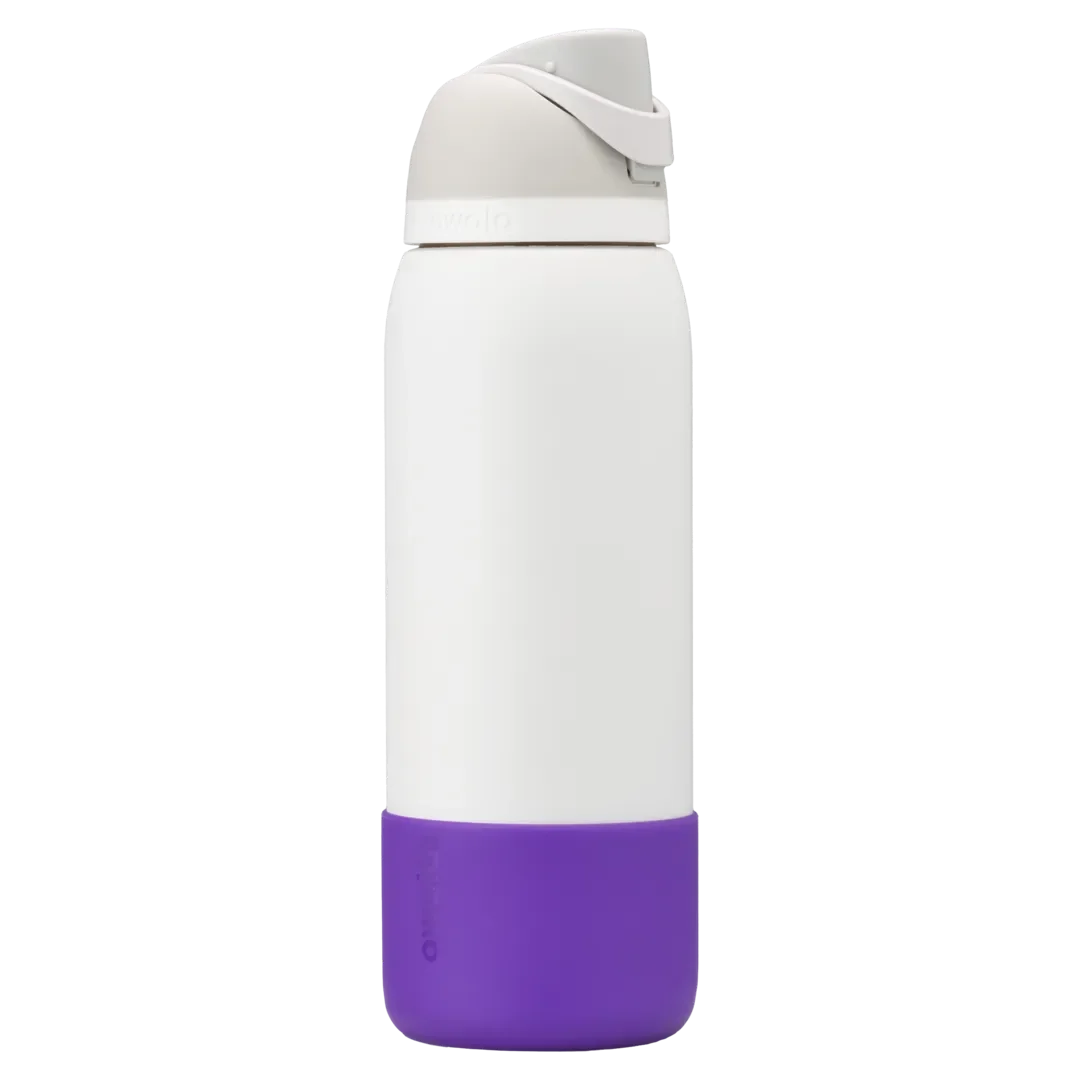 Bottle Boot in violet purple silicone, shown on a white FreeSip bottle as example