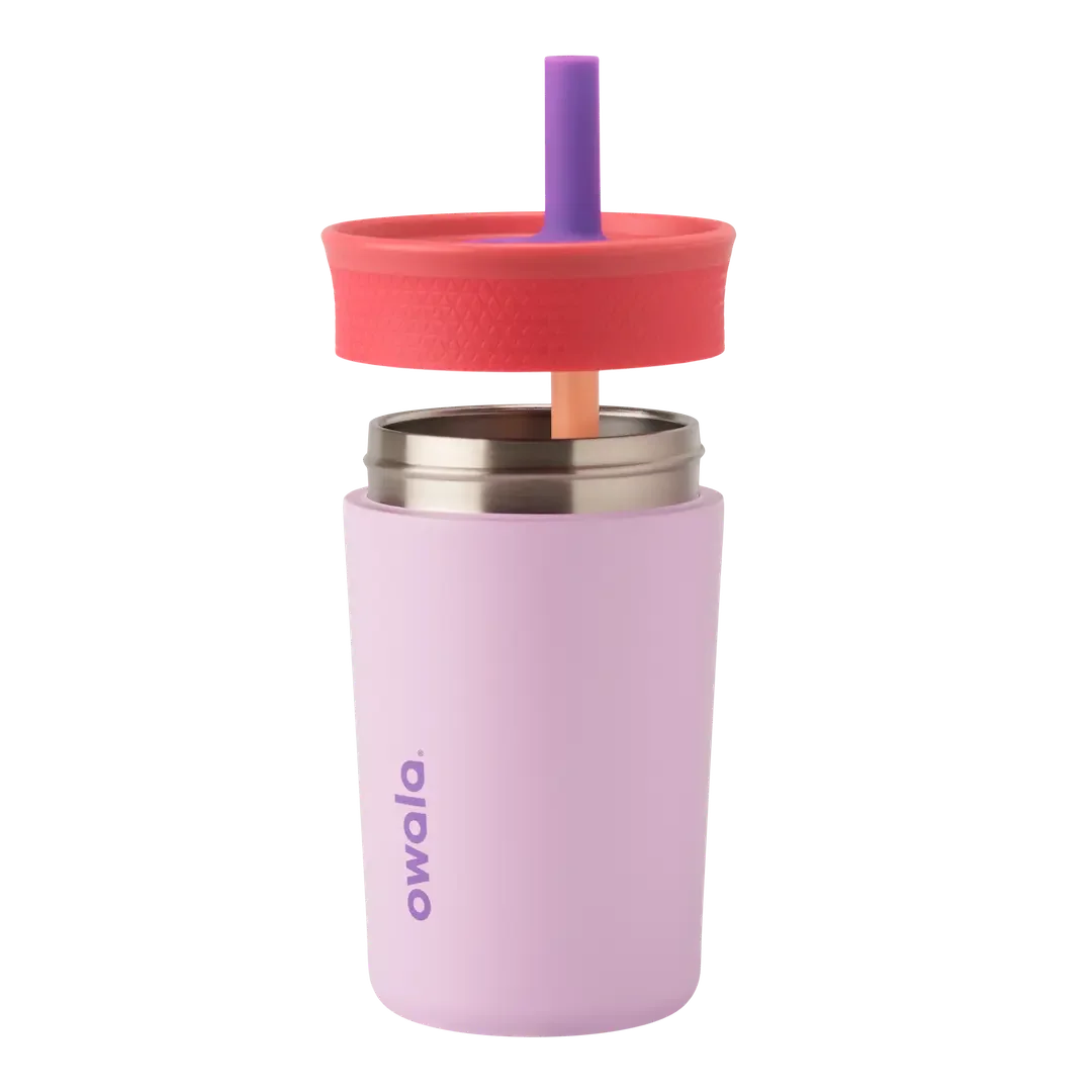 Owala Kids Tumbler in lavender body separated from red lid with purple straw and peach inner straw