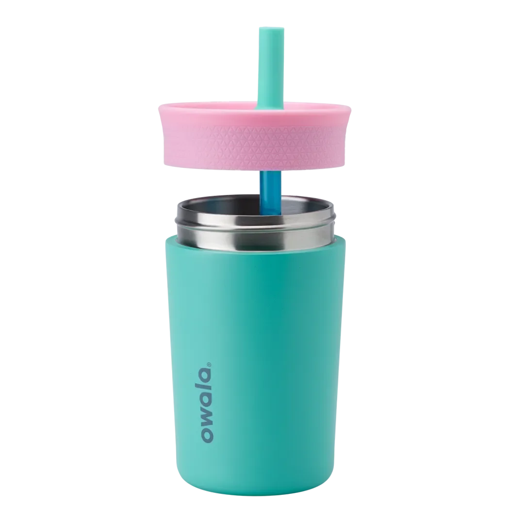 Owala Kids Tumbler in teal body separated from pink lid with mint straw and blue inner straw