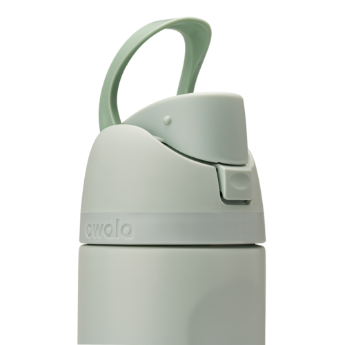 Owala FreeSip 24oz in Summer Paradise, lid detail showing closed sage green flip cap with mint green carry loop arched over the top and embossed Owala logo on the body below