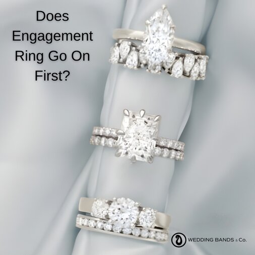 Engagement ring and wedding band stacked together showing proper placement order on finger