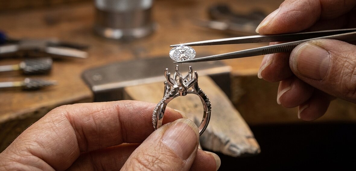 Platinum engagement ring with crisscrossing diamond and plain bands symbolizing Bradley and Julia's two paths coming together