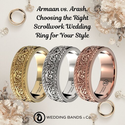 Stack of gold wedding bands with diamond details displayed for choosing the right wedding ring by Wedding Bands & Co.