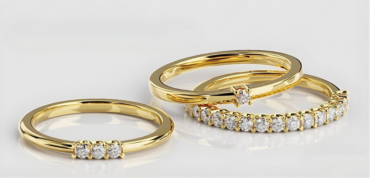 Wedding ring collection displaying various styles and materials for pawn or resale evaluation
