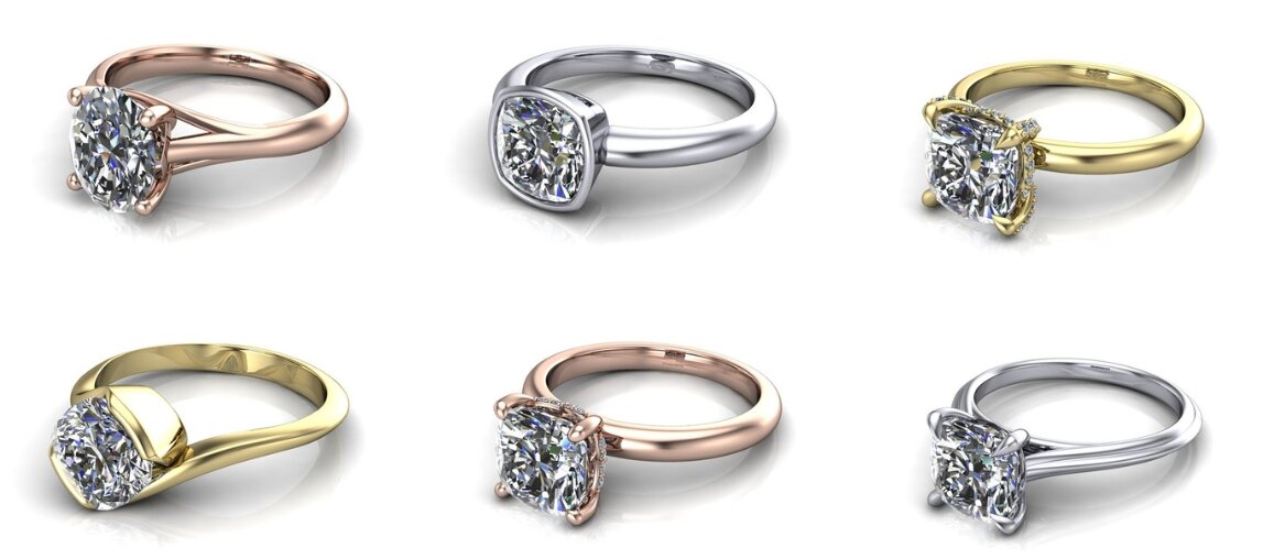 Collection of solitaire engagement ring settings featuring round brilliant diamonds in yellow gold, white gold, and rose gold, showcasing classic and modern solitaire designs.