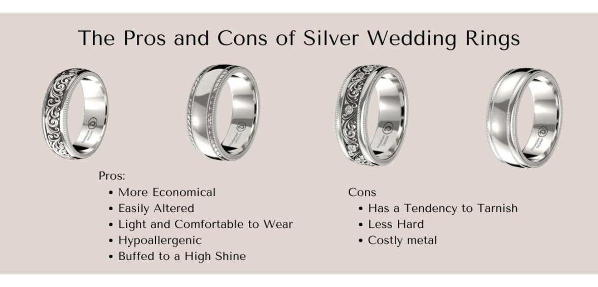 Silver wedding rings set with diamonds, sapphires, and moissanite gemstone combinations