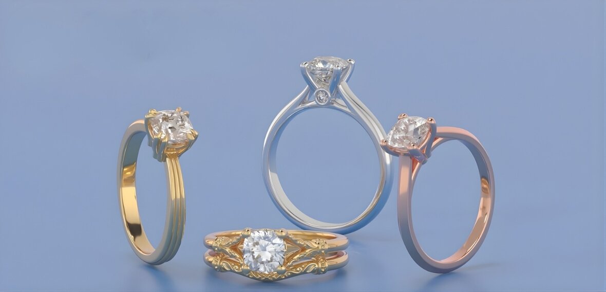 White gold and rose gold engagement rings displaying modern and romantic metal finishes