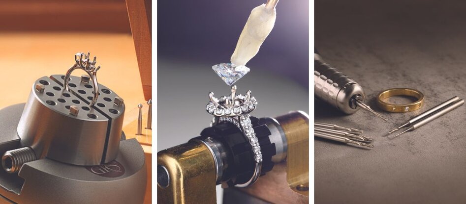 Jewelry workshop showing engagement ring craftsmanship with diamond setting tools, ring mounting, and custom diamond ring creation process.