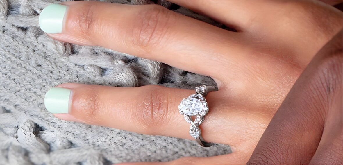 White gold and rose gold engagement and wedding rings displaying modern stacking styles