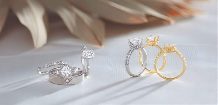 Hidden halo engagement ring paired with matching wedding band showing flush-fit design