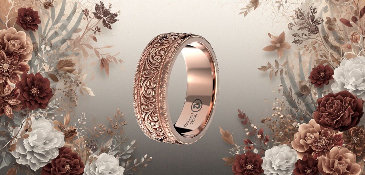 Collection of modern wedding bands in yellow gold, white gold, and platinum with textured designs by Wedding Bands & Co. in Chicago