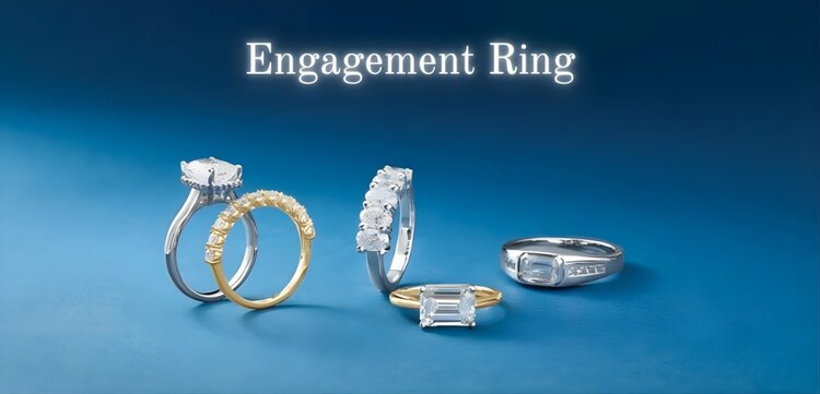 Close-up of engagement ring and wedding ring stacked together on left hand ring finger