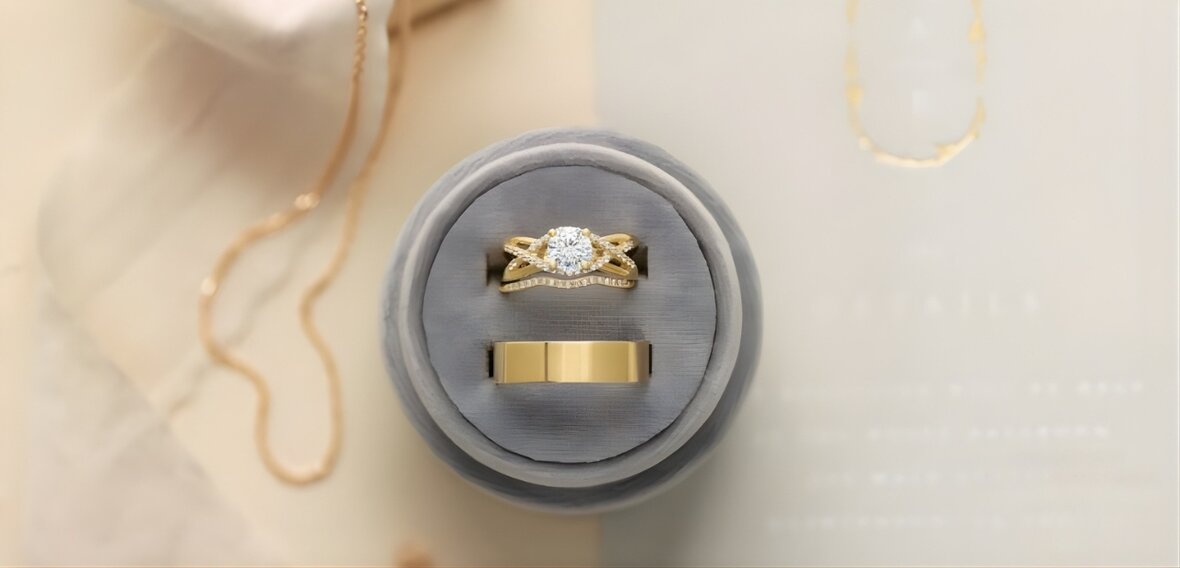 Modern wedding bands in yellow gold, white gold, and platinum with textured finishes blending ancient and contemporary design