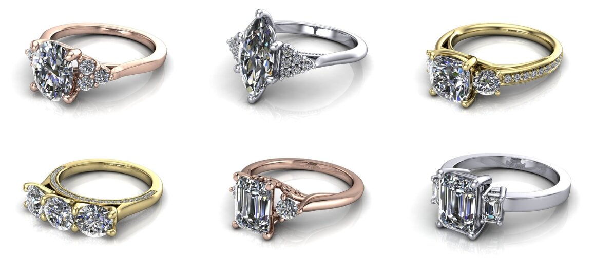 Collection of three-stone engagement ring settings featuring round, oval, marquise, and emerald-cut diamonds in yellow gold, white gold, and rose gold, showcasing classic and symbolic designs.