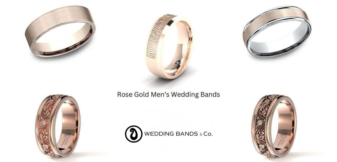 Rose gold rings available at Wedding Bands & Co. with hypoallergenic coating options