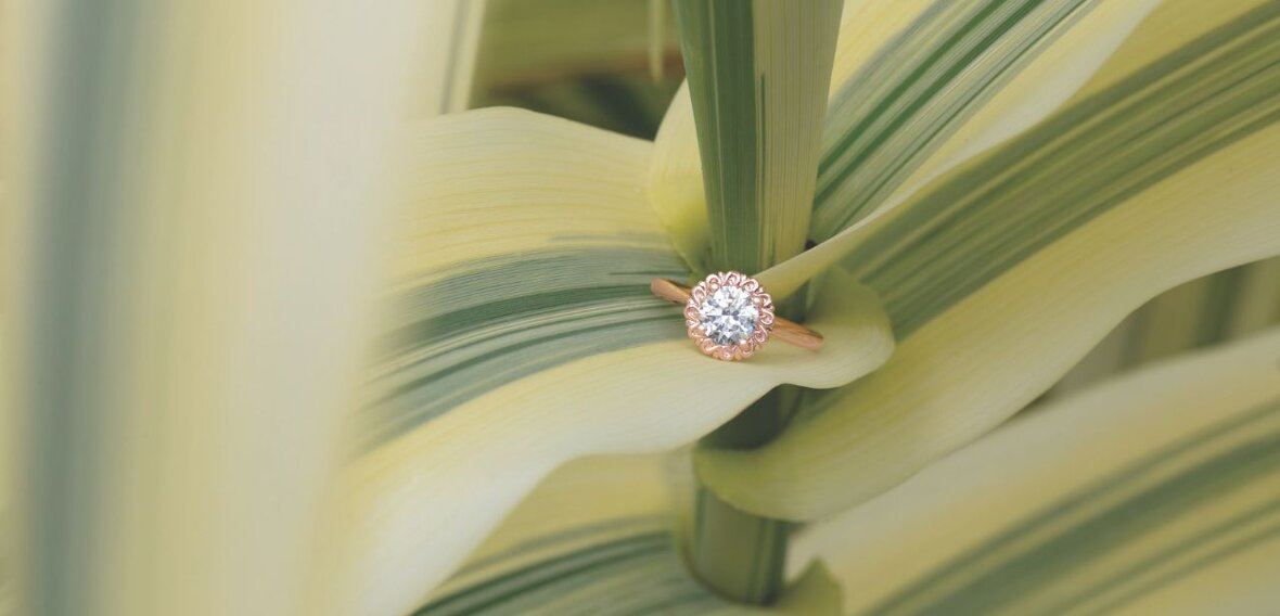 White and yellow gold diamond wedding bands styled on lace fabric, showcasing elegant bridal ring designs by Wedding Bands & Co. in Chicago