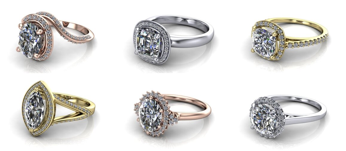 Collection of halo engagement ring settings featuring round and oval diamonds with pavé halos in yellow gold, white gold, and rose gold, highlighting elegant and vintage-inspired designs.