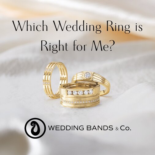Stack of gold wedding bands with diamond details displayed for choosing the right wedding ring by Wedding Bands & Co.