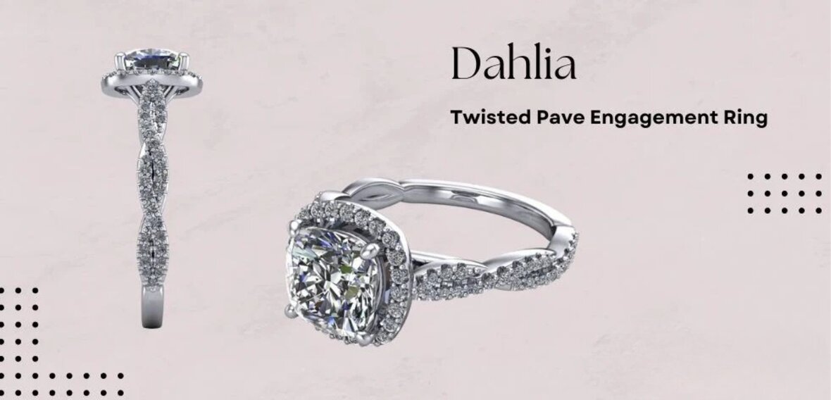 Dahlia cushion-cut halo engagement ring with twisted pave diamond band