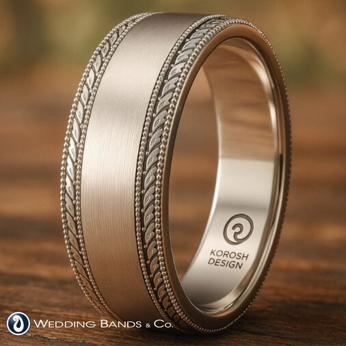 Two-tone brushed and polished wedding band with rope-textured milgrain edges by Koorosh Design