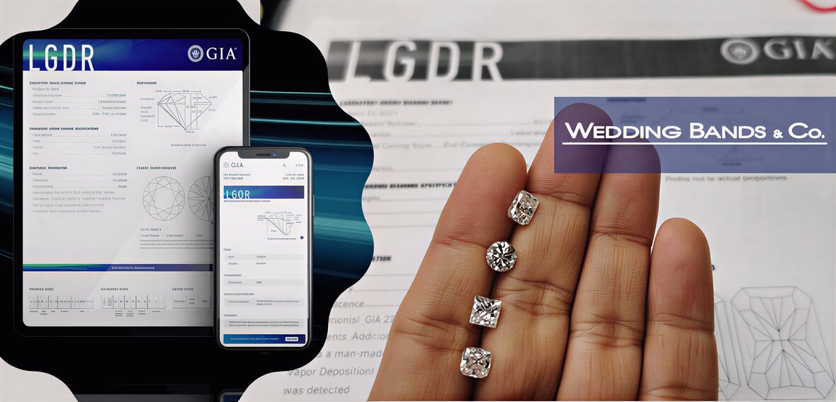 White and yellow gold diamond wedding bands styled on lace fabric, showcasing elegant bridal ring designs by Wedding Bands & Co. in Chicago