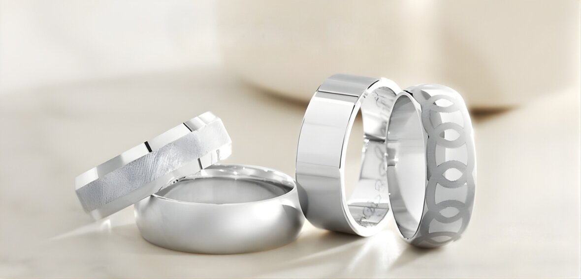 White and yellow gold diamond wedding bands showing comfort fit profiles and metal options