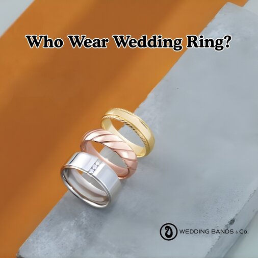 Stack of gold wedding bands with diamond details showing various styles worn by married couples