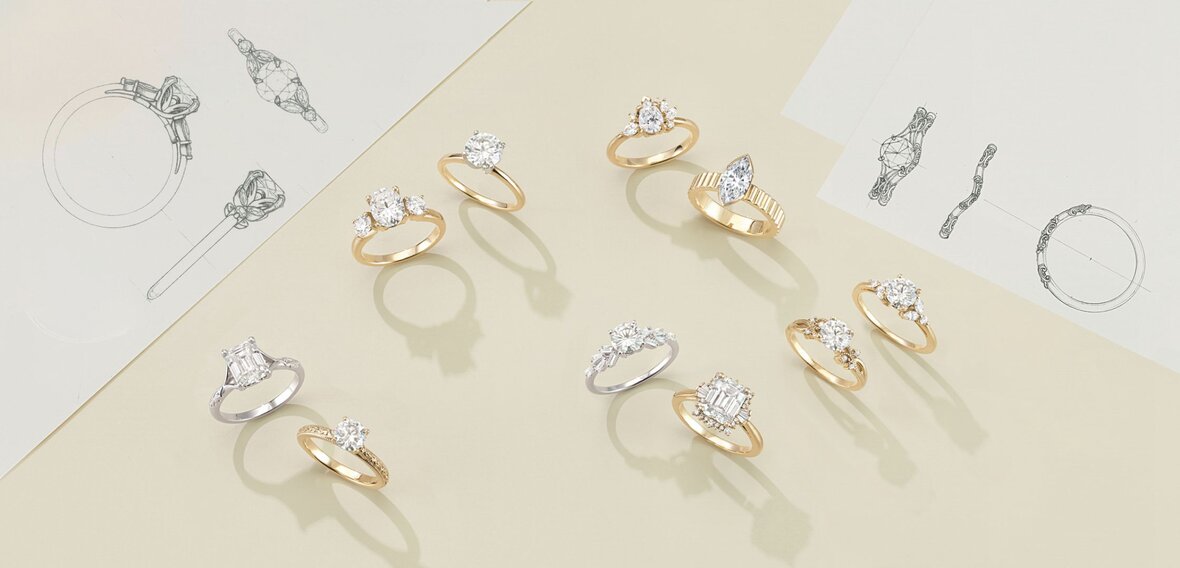 Elegant gold engagement ring with diamond pavé band stacked with matching wedding bands by Wedding Bands & Co., Chicago custom jeweler