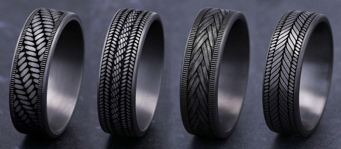 Collection of diamond wedding bands and engagement ring sets with pave and halo designs displayed on a dark textured background.