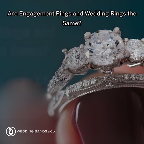 Engagement ring and wedding band worn together on ring finger showing the difference between the two rings