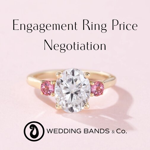 Yellow gold engagement ring featuring an oval-cut diamond with pink side stones, displayed on a soft pink background for an engagement ring price negotiation guide.