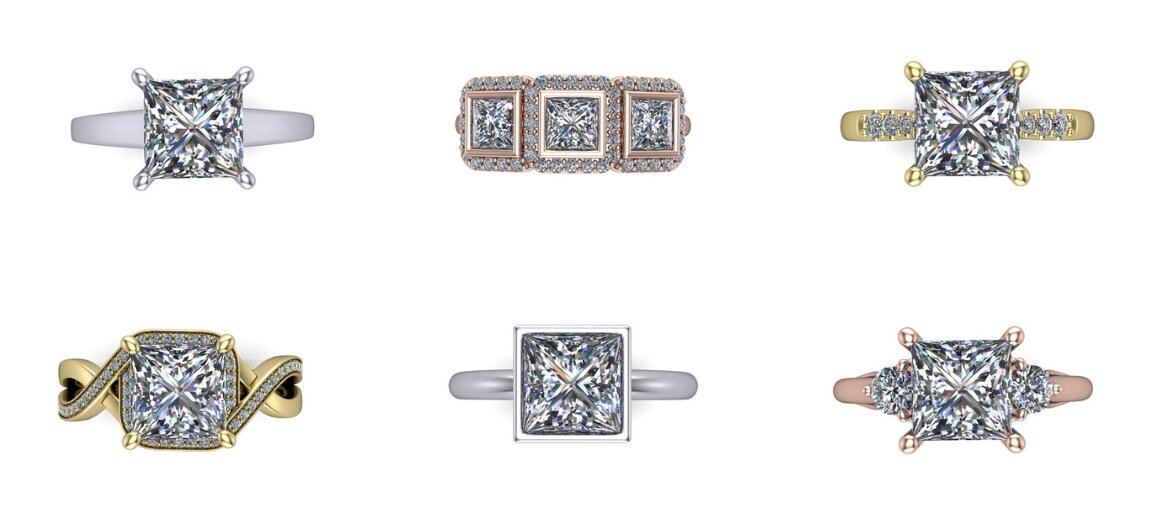 Princess cut diamond engagement rings in yellow gold, rose gold, and platinum settings by Wedding Bands & Co., Chicago jewelry store