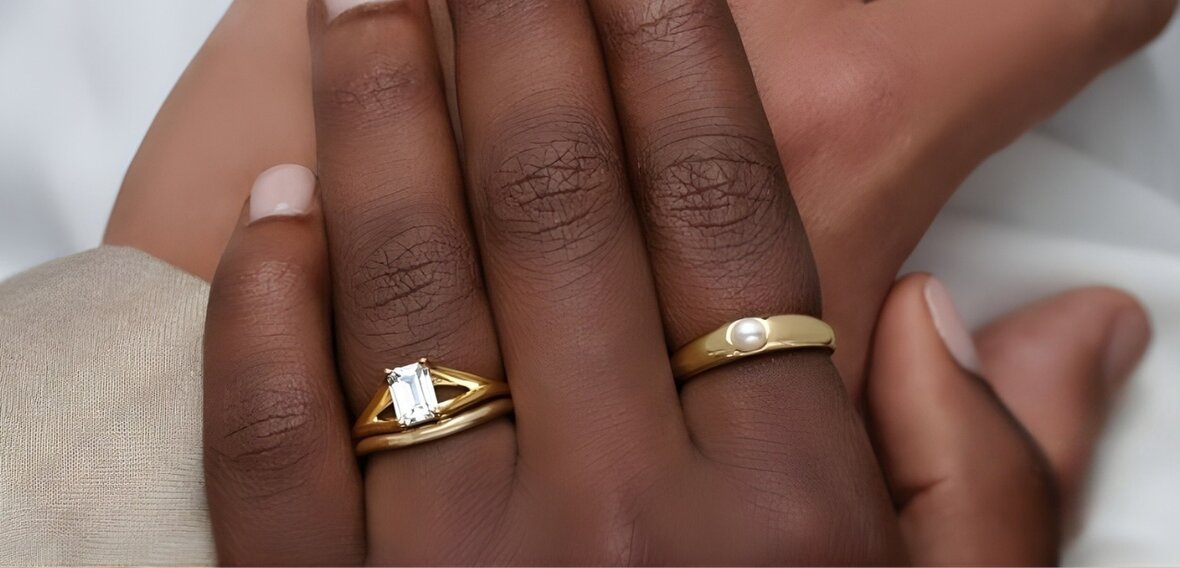 14K and 18K gold wedding bands in multiple finishes showing karat and color options