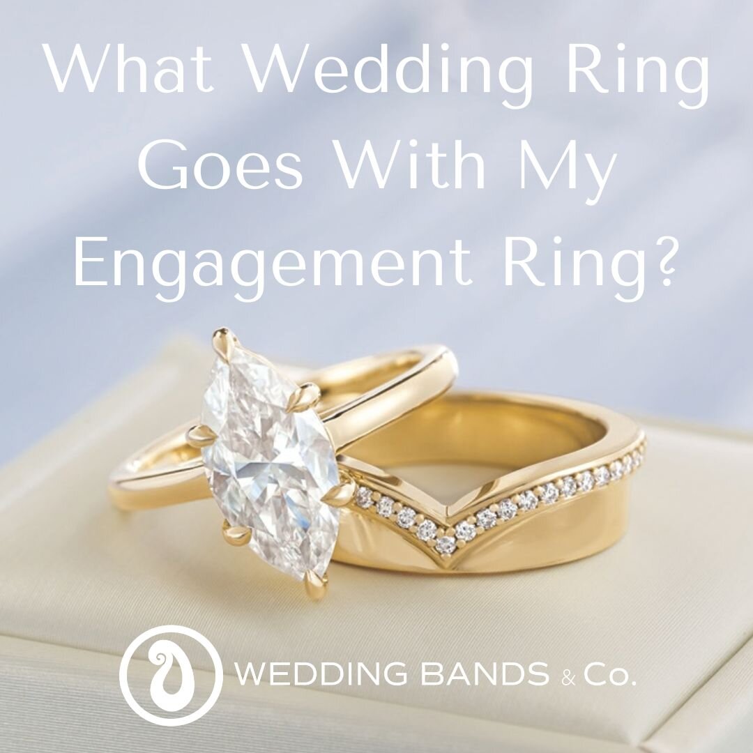 Marquise diamond engagement ring with matching yellow gold wedding band