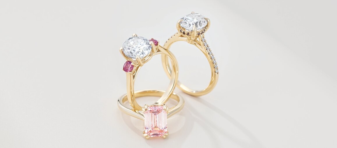 Custom Diamond Engagement Rings in Yellow Gold with Pink Accents