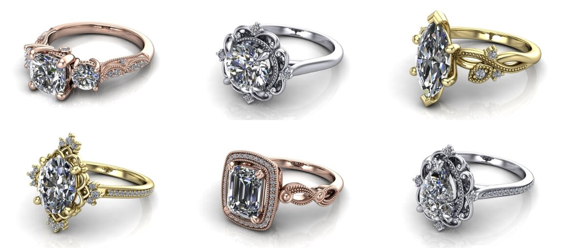 Collection of vintage-style engagement ring settings featuring ornate filigree, milgrain detailing, and round, oval, marquise, and emerald-cut diamonds in yellow gold, white gold, and rose gold.