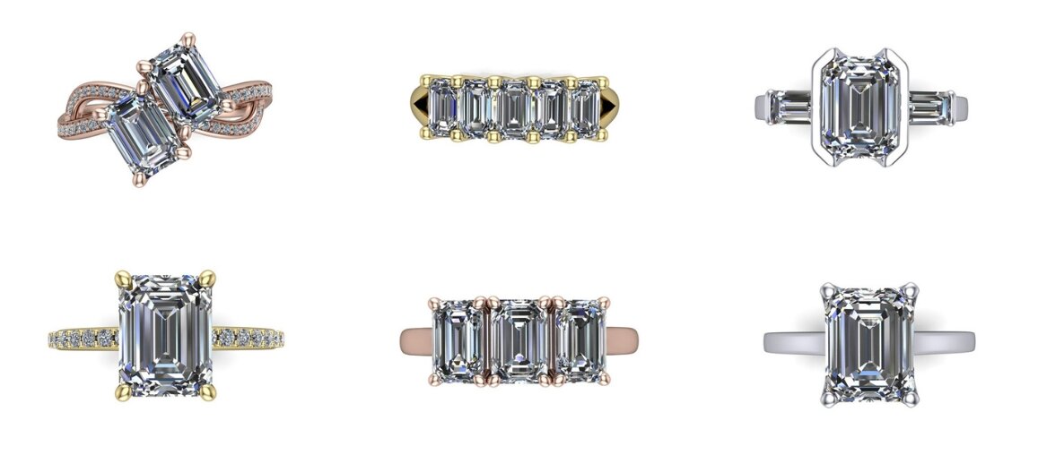 Collection of yellow gold wedding bands with pavé and channel-set diamonds displayed on soft ivory fabric