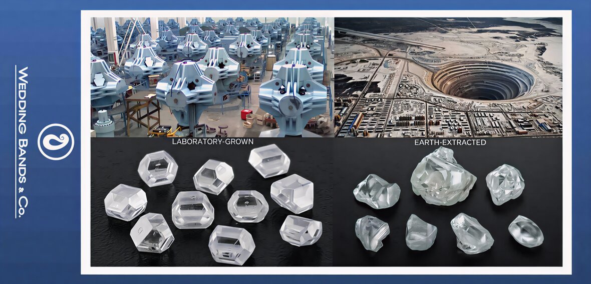 White and yellow gold diamond wedding bands styled on lace fabric, showcasing elegant bridal ring designs by Wedding Bands & Co. in Chicago