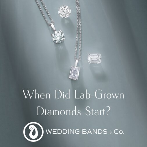 Lab-grown round and emerald-cut diamonds displayed with diamond pendant necklaces on a gray background, illustrating the history of lab-grown diamonds