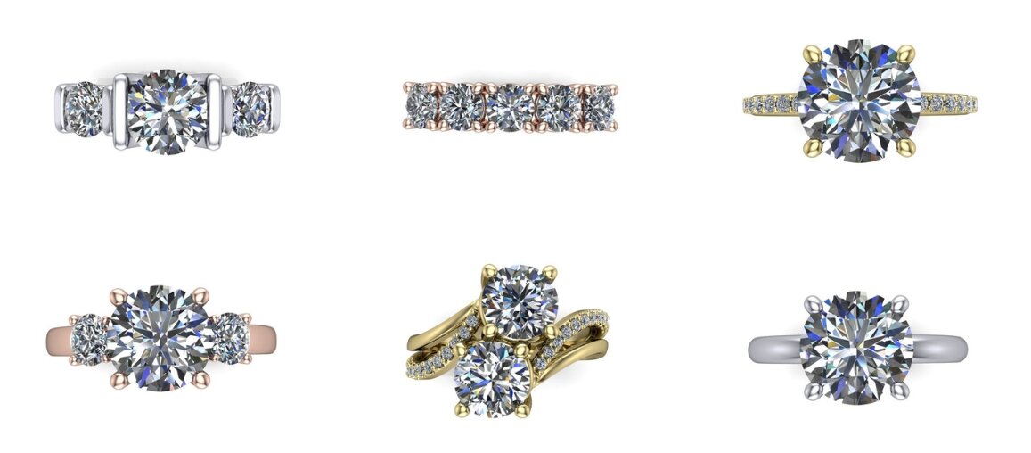 Round cut diamond engagement rings in yellow gold, rose gold, and platinum settings displayed by Wedding Bands & Co., Chicago jewelry store